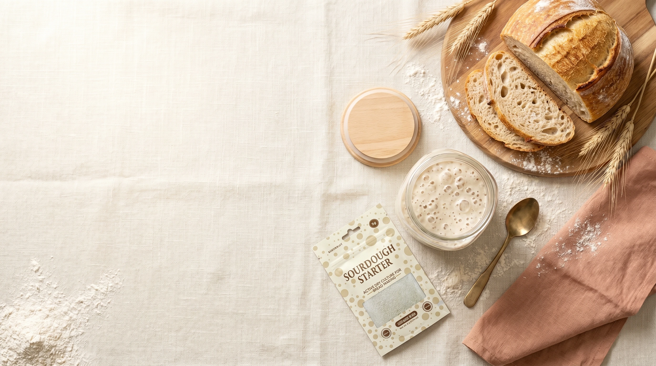 KozyKraft 5g starter packet and live starter jar in a warm flat-lay kitchen scene