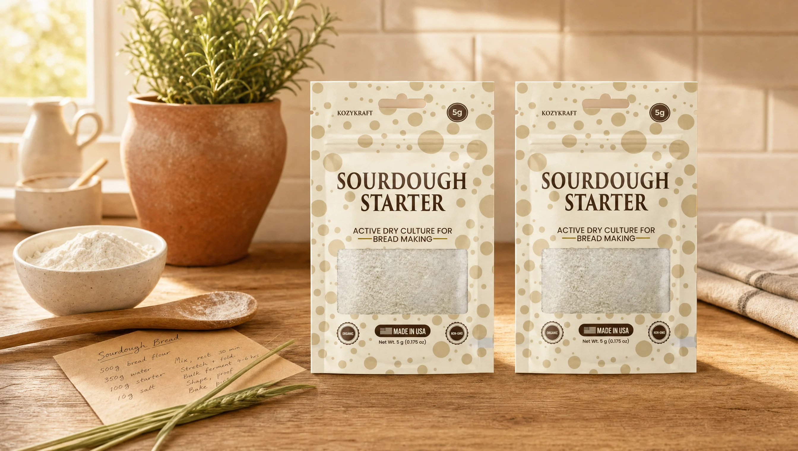 A morning kitchen tableau with KozyKraft starter packets